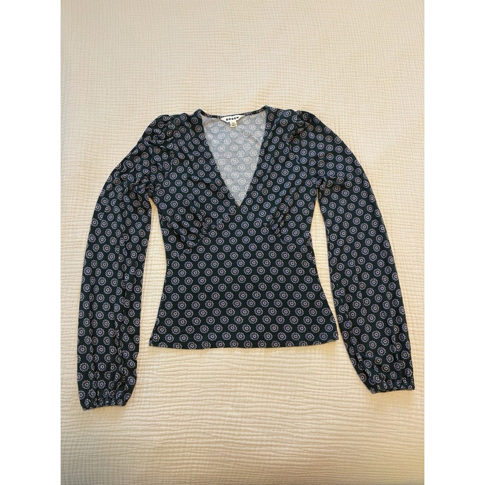 Boden Jersey Knit Top Womens US Sz 6 V-Neck Blouse Stretch Boho Preppy Night Out